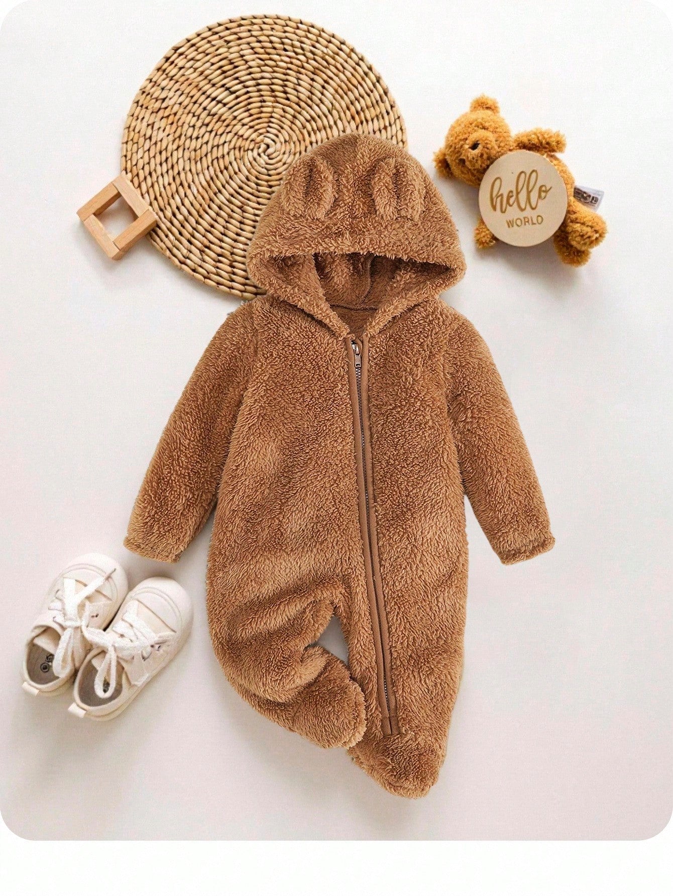 Newborn Baby Boy 3D Ear Design Hooded Zipper Flannel Sleep Autumn Jumpsuit