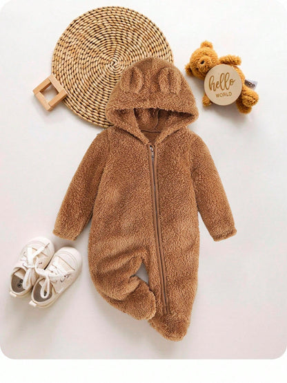 Newborn Baby Boy 3D Ear Design Hooded Zipper Flannel Sleep Autumn Jumpsuit