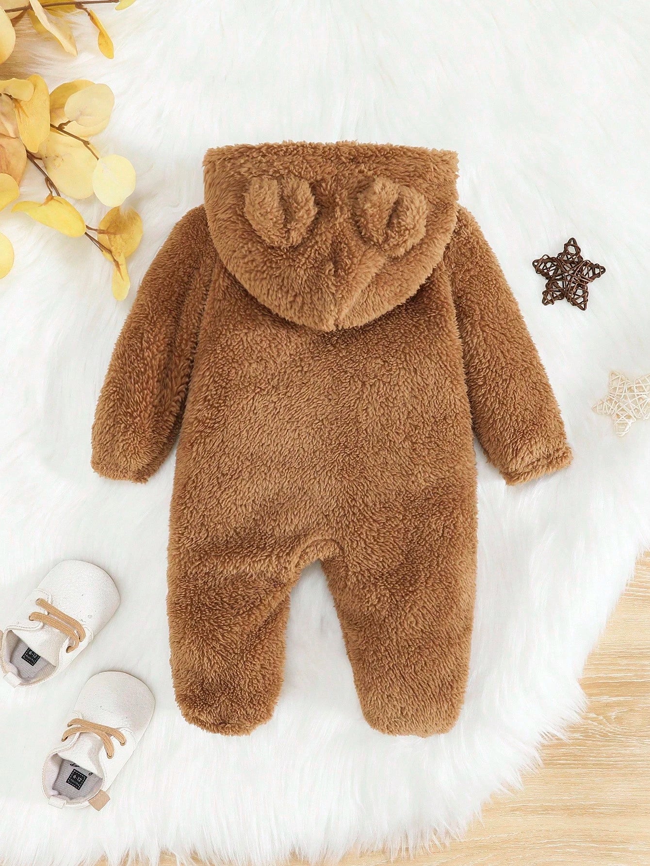 Newborn Baby Boy 3D Ear Design Hooded Zipper Flannel Sleep Autumn Jumpsuit