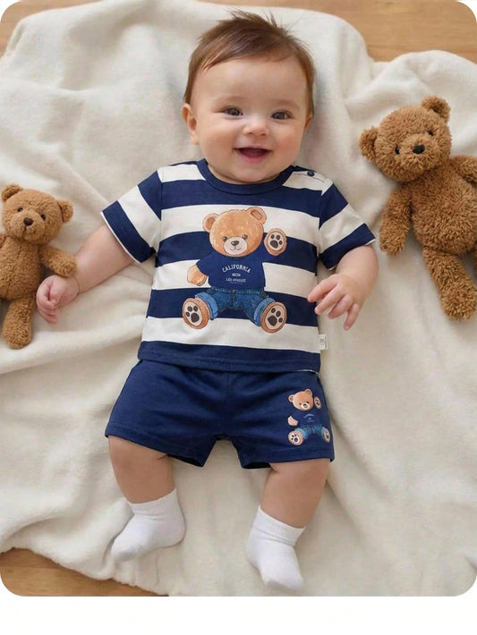 Newborn Baby Boy Cute Summer Knitted Cartoon Pattern Striped Short Sleeve T-Shirt And Shorts Set Outfit Sets Bear Navy Clothes With Bears
