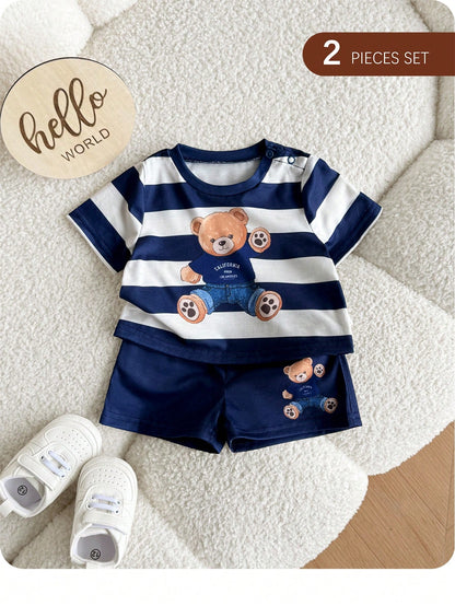 Newborn Baby Boy Cute Summer Knitted Cartoon Pattern Striped Short Sleeve T-Shirt And Shorts Set Outfit Sets Bear Navy Clothes With Bears