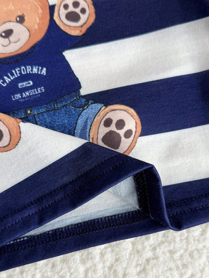Newborn Baby Boy Cute Summer Knitted Cartoon Pattern Striped Short Sleeve T-Shirt And Shorts Set Outfit Sets Bear Navy Clothes With Bears