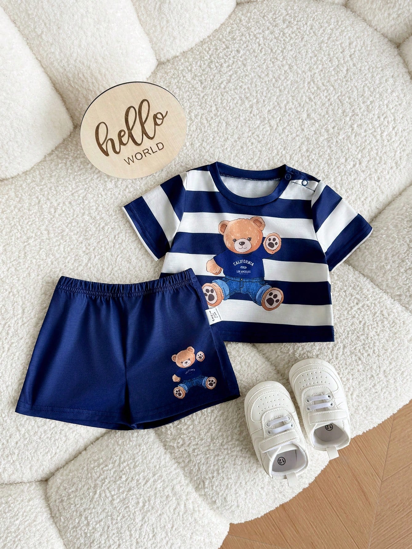 Newborn Baby Boy Cute Summer Knitted Cartoon Pattern Striped Short Sleeve T-Shirt And Shorts Set Outfit Sets Bear Navy Clothes With Bears
