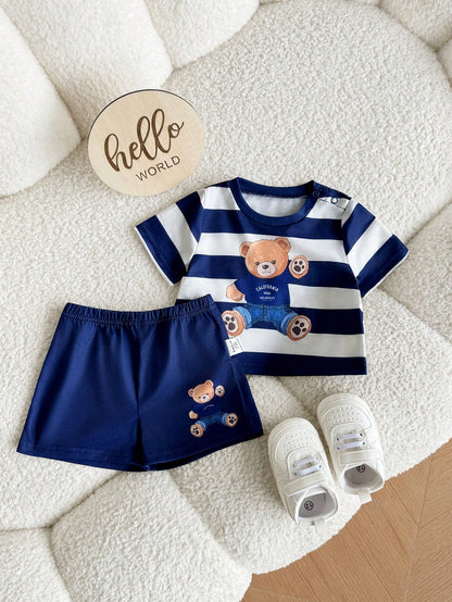 Newborn Baby Boy Cute Summer Knitted Cartoon Pattern Striped Short Sleeve T-Shirt And Shorts Set Outfit Sets Bear Navy Clothes With Bears