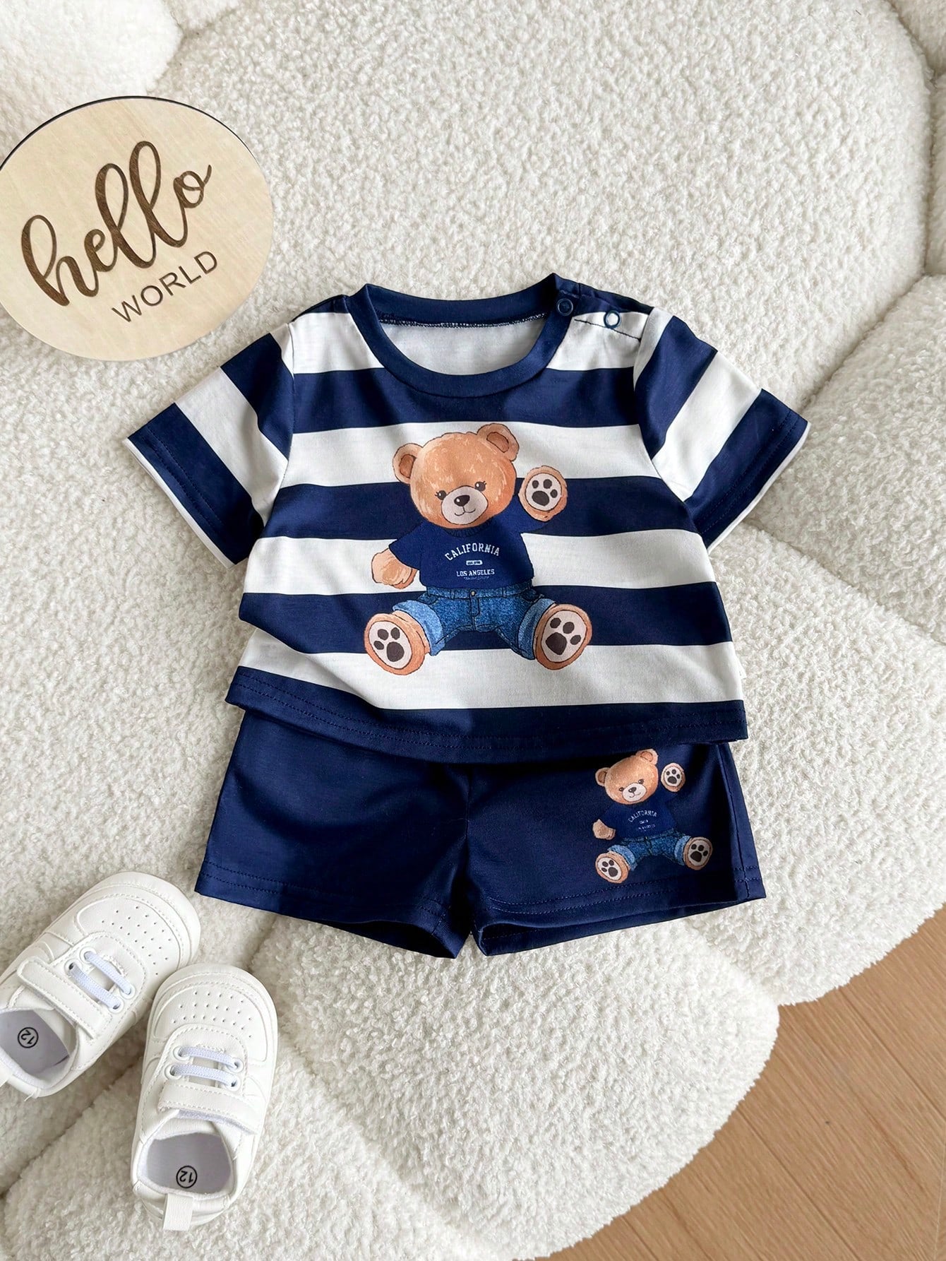 Newborn Baby Boy Cute Summer Knitted Cartoon Pattern Striped Short Sleeve T-Shirt And Shorts Set Outfit Sets Bear Navy Clothes With Bears