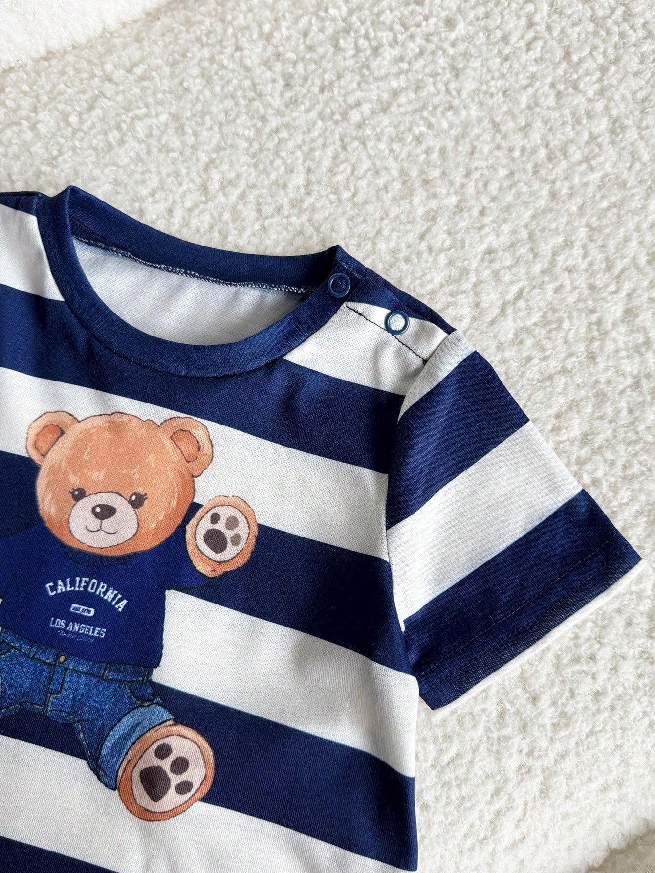 Newborn Baby Boy Cute Summer Knitted Cartoon Pattern Striped Short Sleeve T-Shirt And Shorts Set Outfit Sets Bear Navy Clothes With Bears