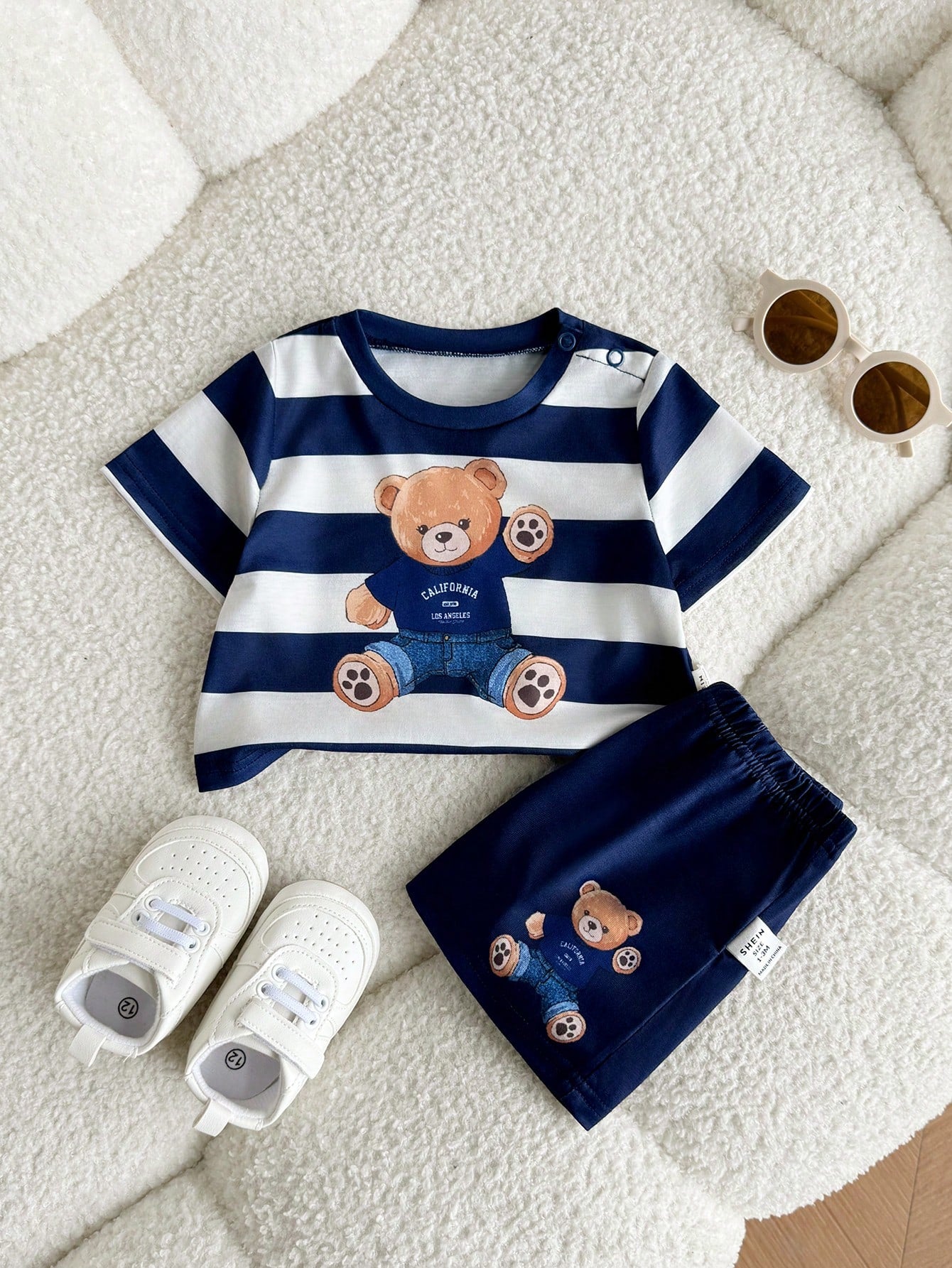 Newborn Baby Boy Cute Summer Knitted Cartoon Pattern Striped Short Sleeve T-Shirt And Shorts Set Outfit Sets Bear Navy Clothes With Bears