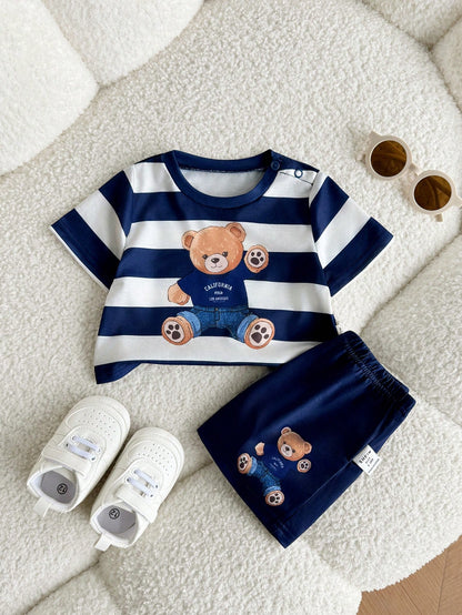 Newborn Baby Boy Cute Summer Knitted Cartoon Pattern Striped Short Sleeve T-Shirt And Shorts Set Outfit Sets Bear Navy Clothes With Bears