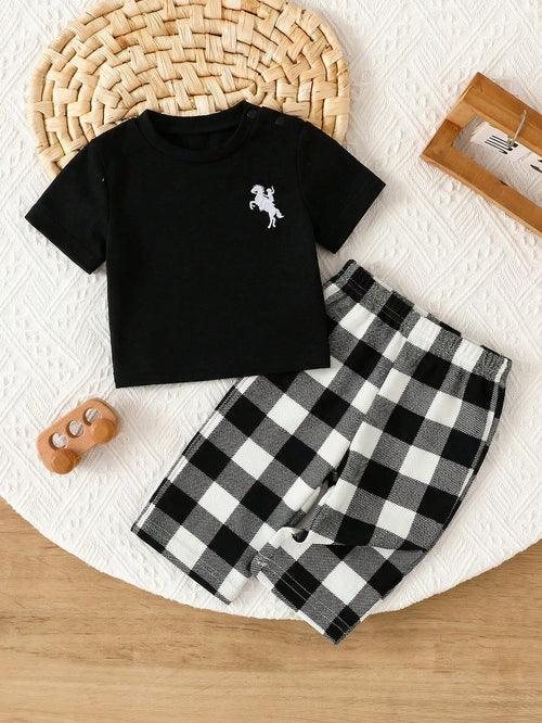 Newborn Baby Boy Minimalist Embroidered Pattern Round Neck Short Sleeve Plaid Loose Casual Pajama Set, 2pcs