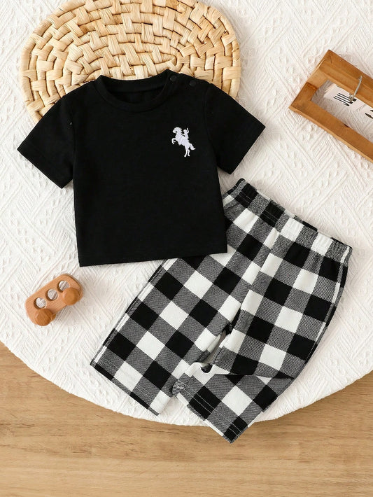 Newborn Baby Boy Minimalist Embroidered Pattern Round Neck Short Sleeve Plaid Loose Casual Pajama Set, 2pcs