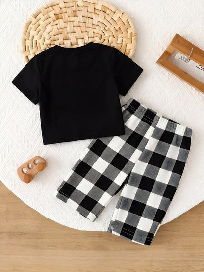 Newborn Baby Boy Minimalist Embroidered Pattern Round Neck Short Sleeve Plaid Loose Casual Pajama Set, 2pcs
