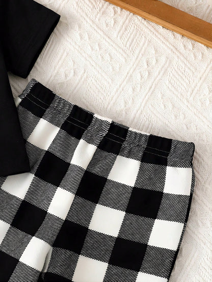Newborn Baby Boy Minimalist Embroidered Pattern Round Neck Short Sleeve Plaid Loose Casual Pajama Set, 2pcs