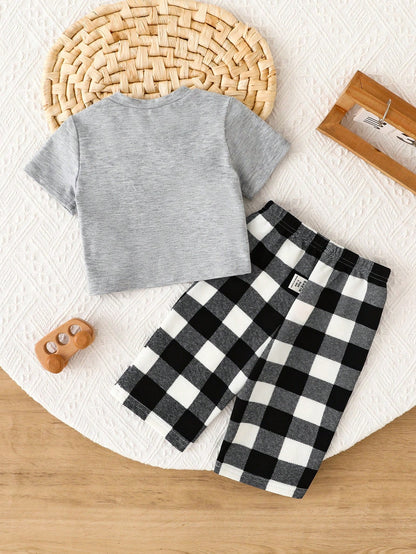 Newborn Baby Boy Minimalist Embroidered Pattern Round Neck Short Sleeve Plaid Loose Casual Pajama Set, 2pcs