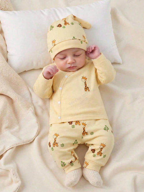 Newborn Baby Cartoon Giraffe Print Single-Breasted Long Sleeve Top And Pants Set With Hat