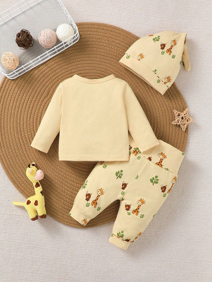 Newborn Baby Cartoon Giraffe Print Single-Breasted Long Sleeve Top And Pants Set With Hat
