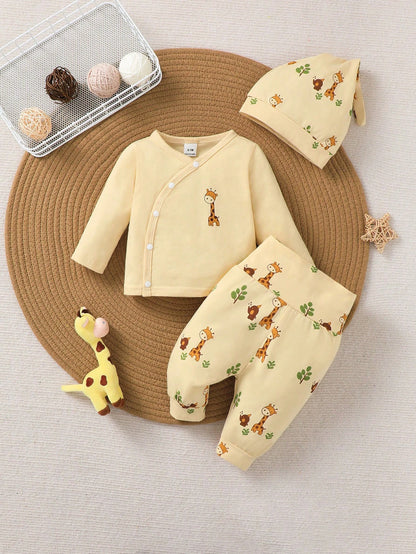 Newborn Baby Cartoon Giraffe Print Single-Breasted Long Sleeve Top And Pants Set With Hat