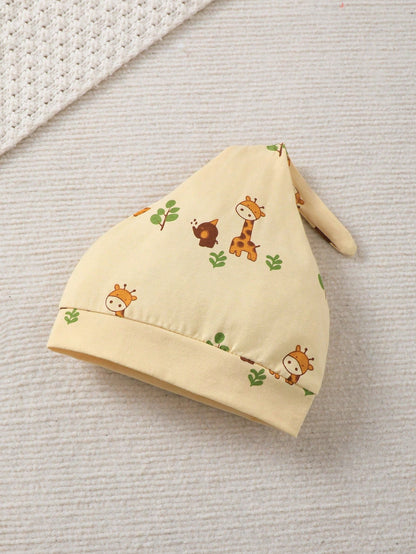 Newborn Baby Cartoon Giraffe Print Single-Breasted Long Sleeve Top And Pants Set With Hat