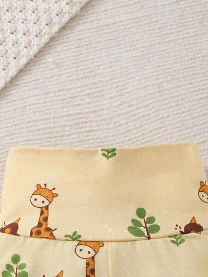Newborn Baby Cartoon Giraffe Print Single-Breasted Long Sleeve Top And Pants Set With Hat