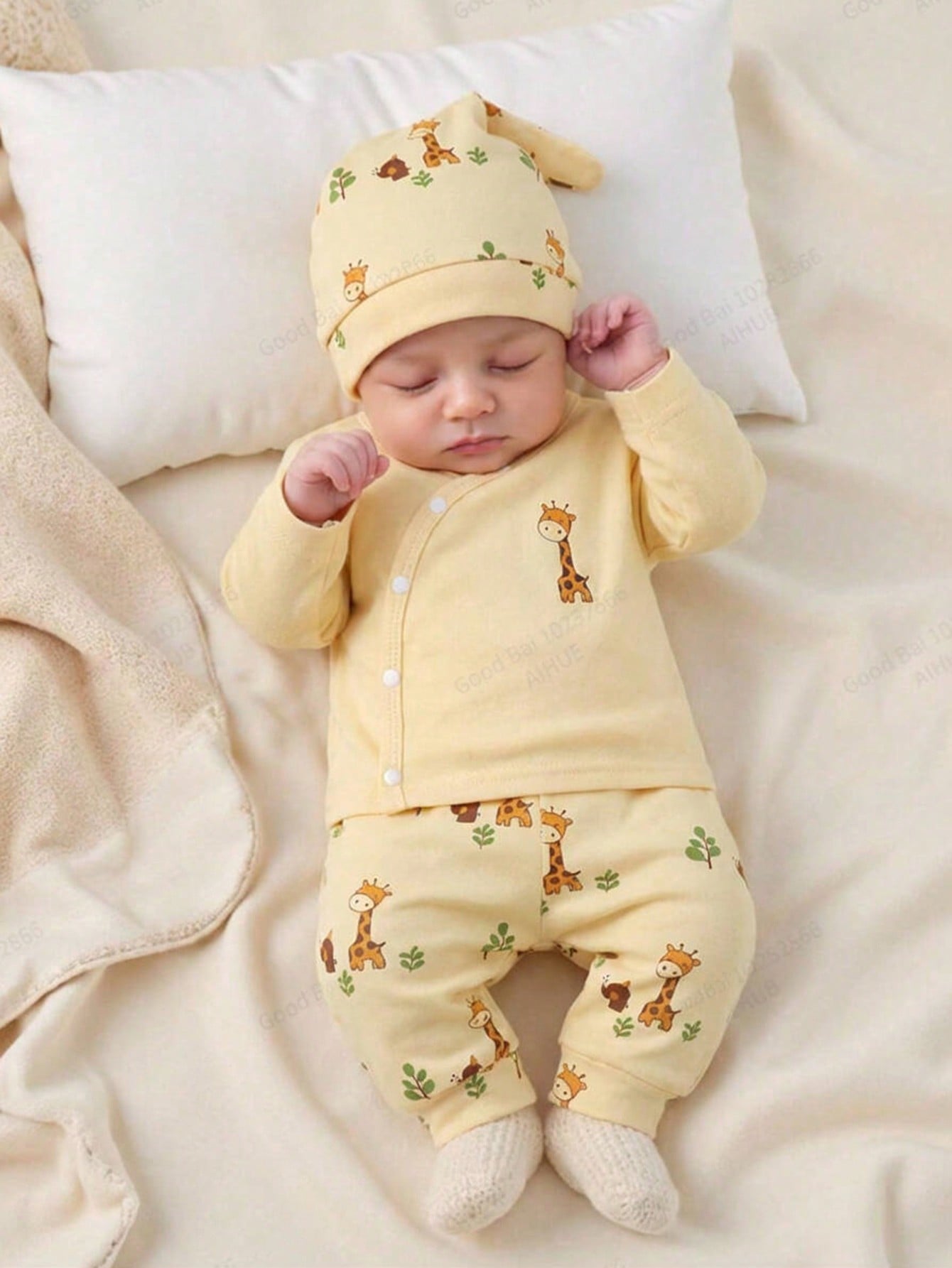 Newborn Baby Cartoon Giraffe Print Single-Breasted Long Sleeve Top And Pants Set With Hat