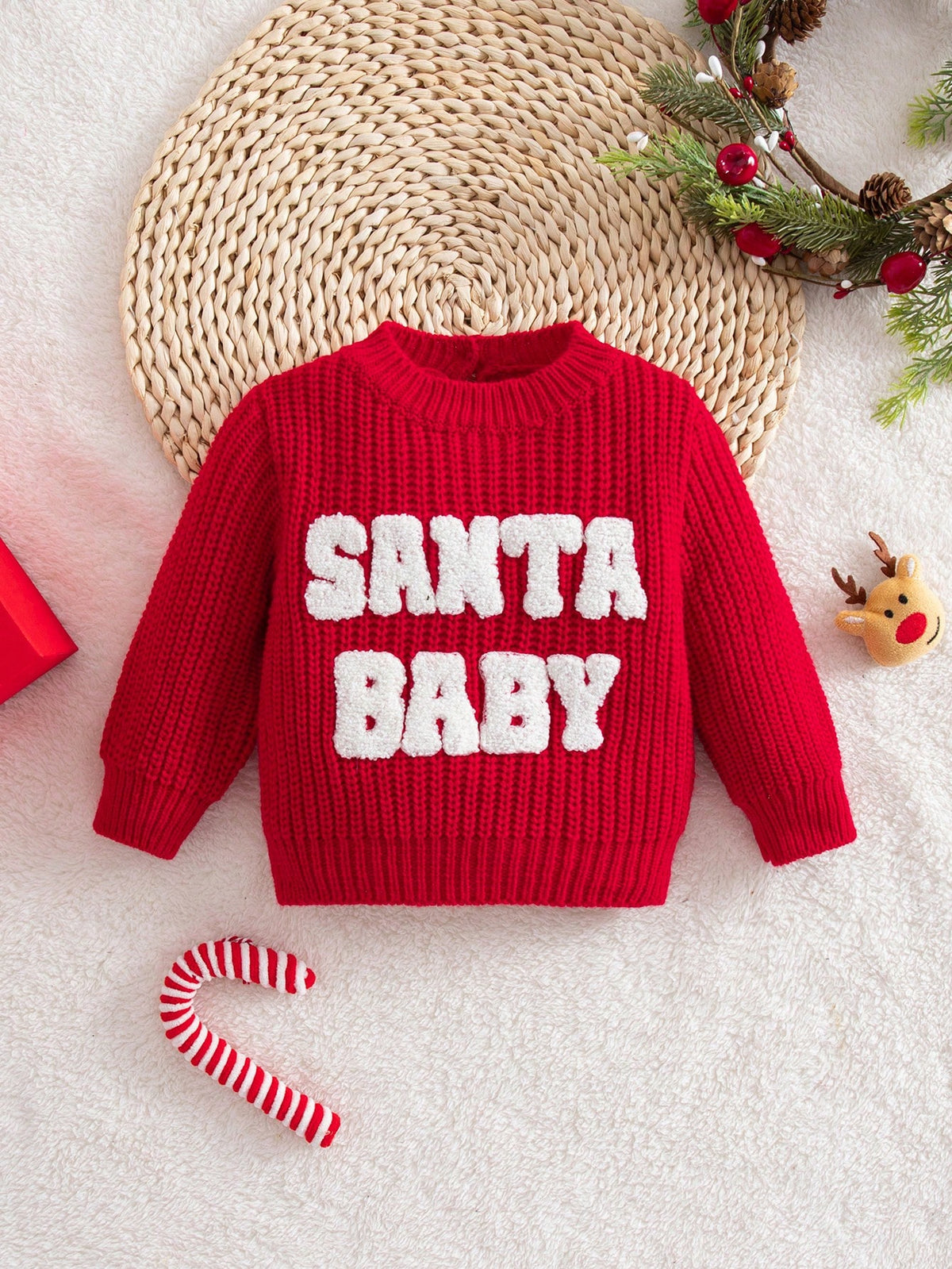 Newborn Baby Casual Loose Comfortable Long Sleeve Sweater, Autumn Winter Christmas Sweater, Oversized Crew Neck Holiday Red Jumper