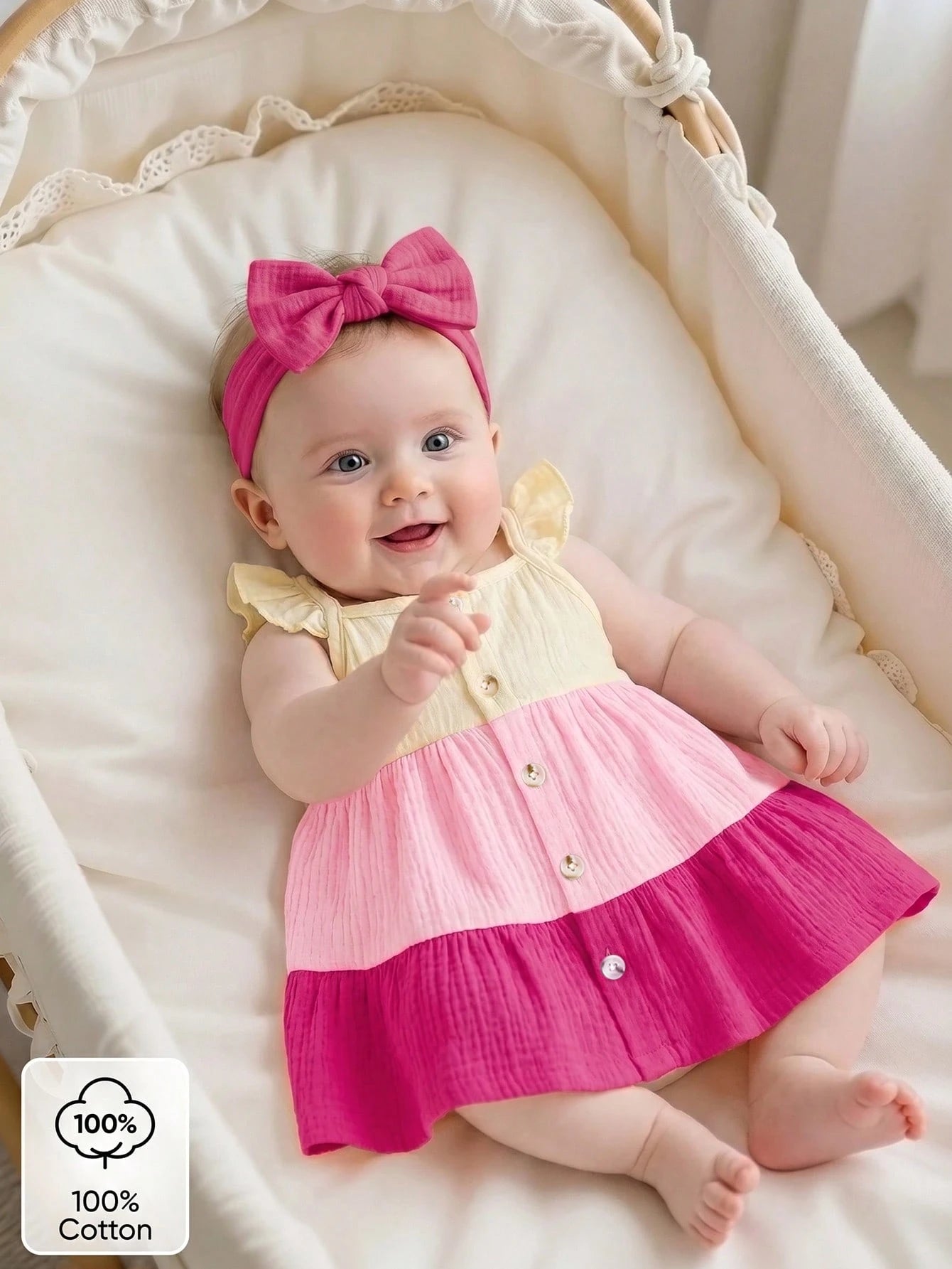 Newborn Baby Contrast Color Ruffle Front Button Dress