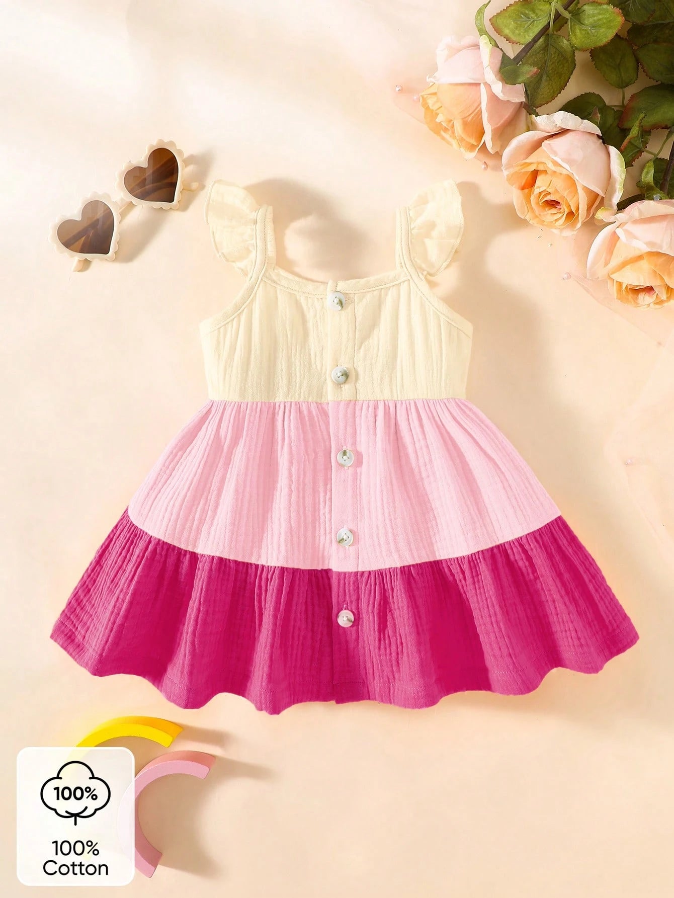 Newborn Baby Contrast Color Ruffle Front Button Dress