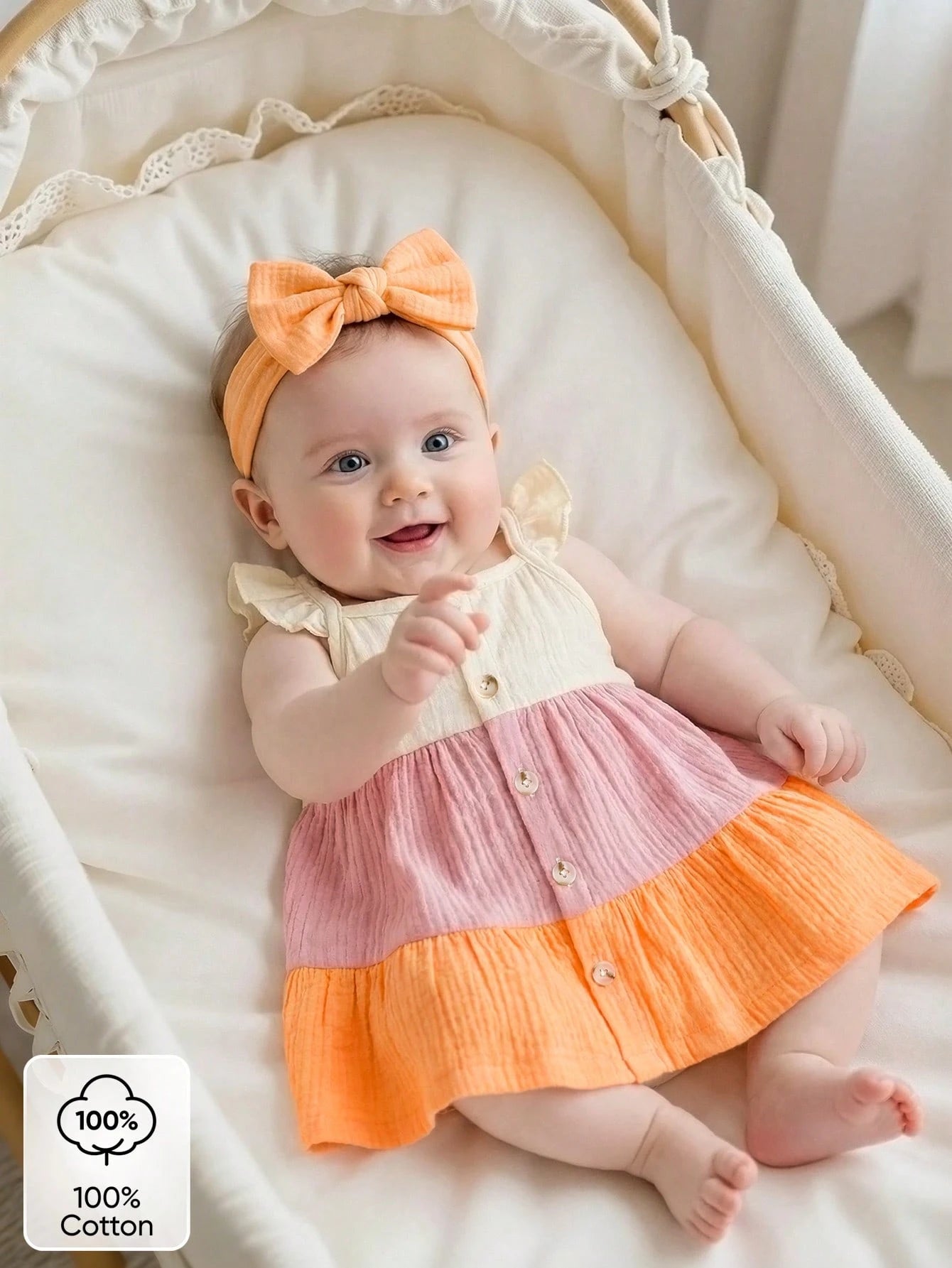 Newborn Baby Contrast Color Ruffle Front Button Dress