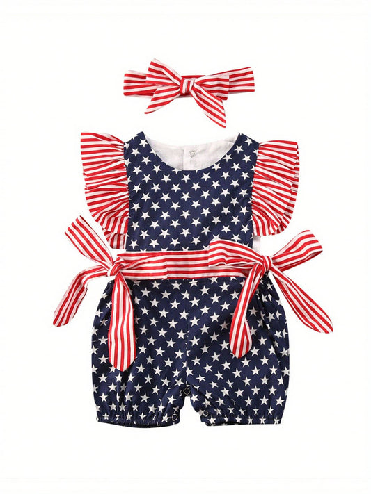 Newborn Baby Girl 4th Of July Outfits Stripe Star Printed Fly Sleeve Round Neck Jumpsuit Romper + Bowknot Headband 2Pcs Clothes Sets