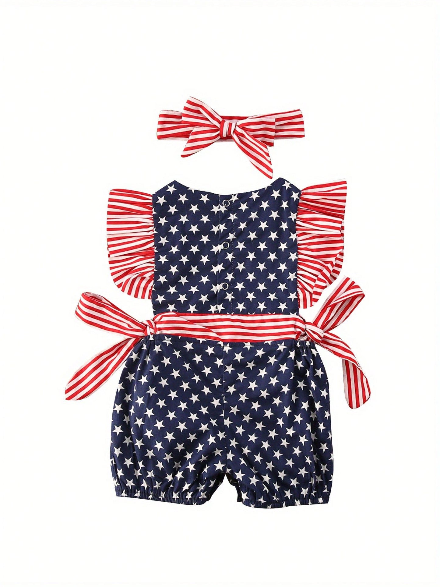 Newborn Baby Girl 4th Of July Outfits Stripe Star Printed Fly Sleeve Round Neck Jumpsuit Romper + Bowknot Headband 2Pcs Clothes Sets