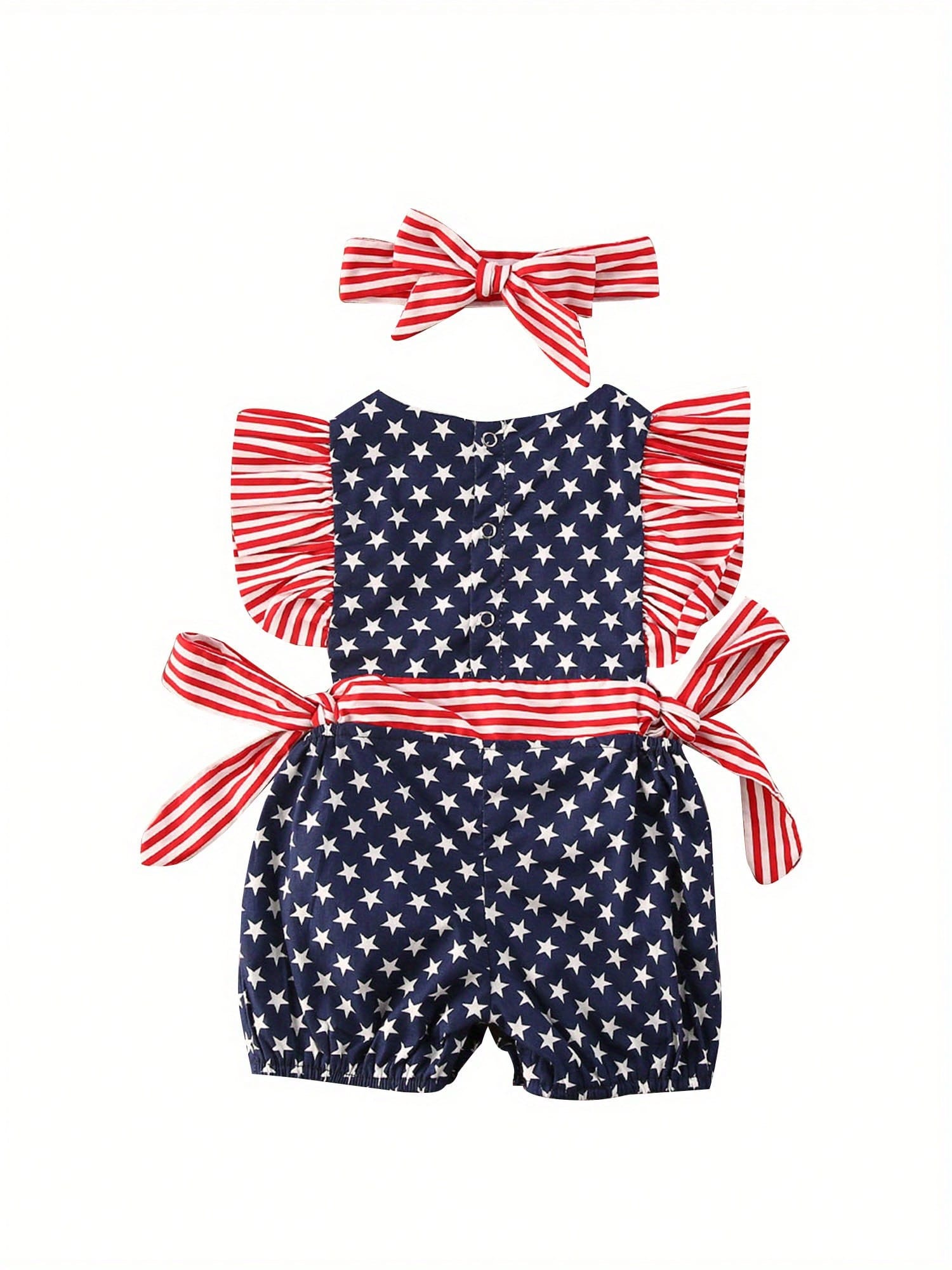 Newborn Baby Girl 4th Of July Outfits Stripe Star Printed Fly Sleeve Round Neck Jumpsuit Romper + Bowknot Headband 2Pcs Clothes Sets