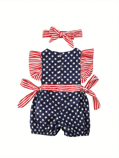 Newborn Baby Girl 4th Of July Outfits Stripe Star Printed Fly Sleeve Round Neck Jumpsuit Romper + Bowknot Headband 2Pcs Clothes Sets