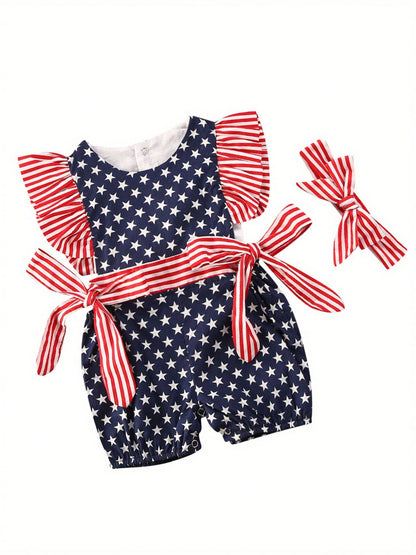 Newborn Baby Girl 4th Of July Outfits Stripe Star Printed Fly Sleeve Round Neck Jumpsuit Romper + Bowknot Headband 2Pcs Clothes Sets