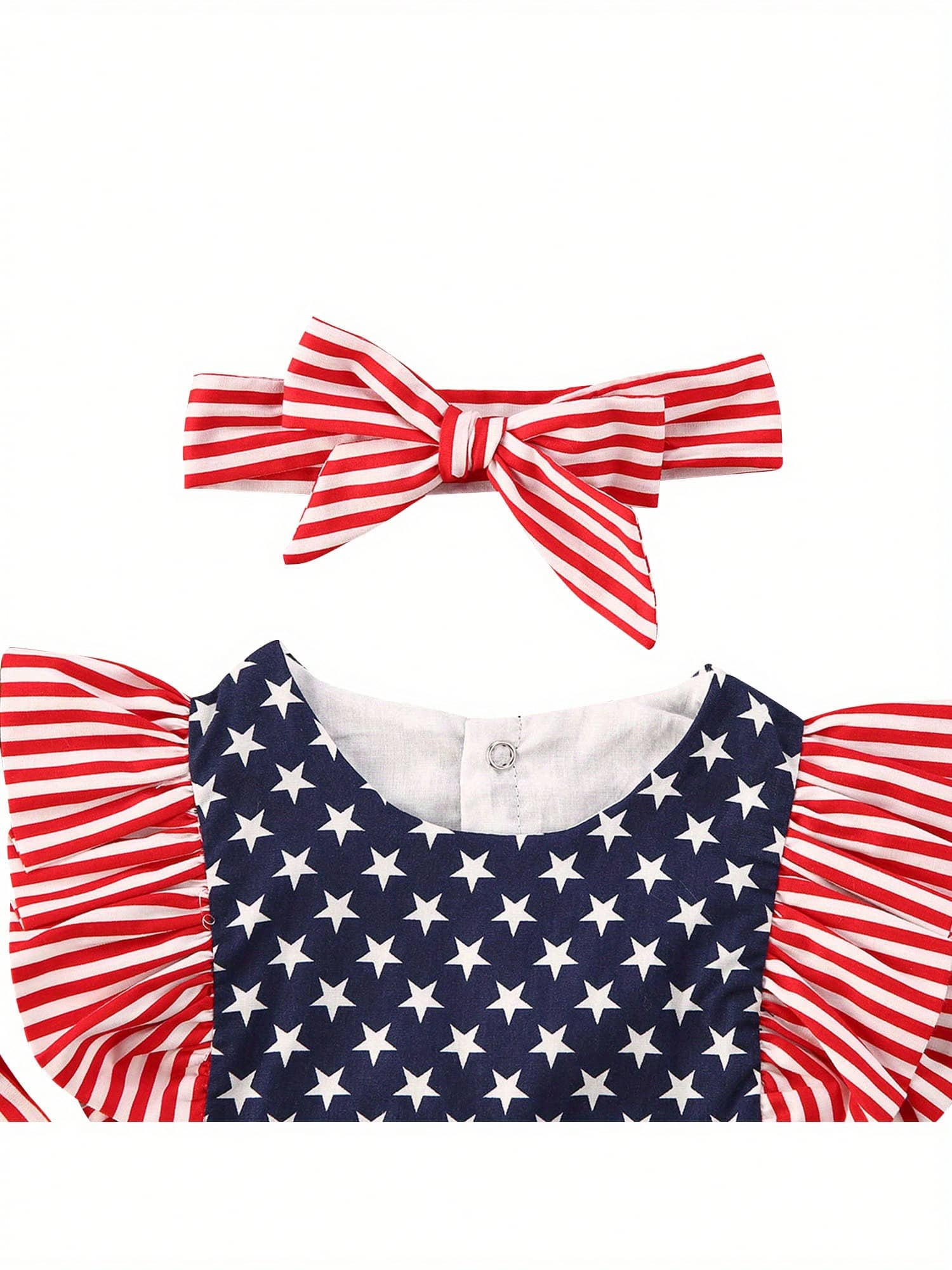 Newborn Baby Girl 4th Of July Outfits Stripe Star Printed Fly Sleeve Round Neck Jumpsuit Romper + Bowknot Headband 2Pcs Clothes Sets