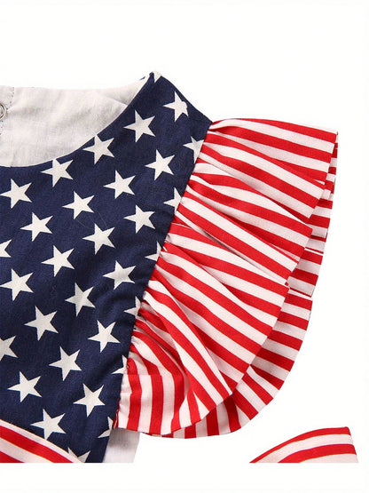 Newborn Baby Girl 4th Of July Outfits Stripe Star Printed Fly Sleeve Round Neck Jumpsuit Romper + Bowknot Headband 2Pcs Clothes Sets