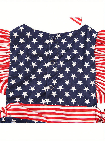 Newborn Baby Girl 4th Of July Outfits Stripe Star Printed Fly Sleeve Round Neck Jumpsuit Romper + Bowknot Headband 2Pcs Clothes Sets