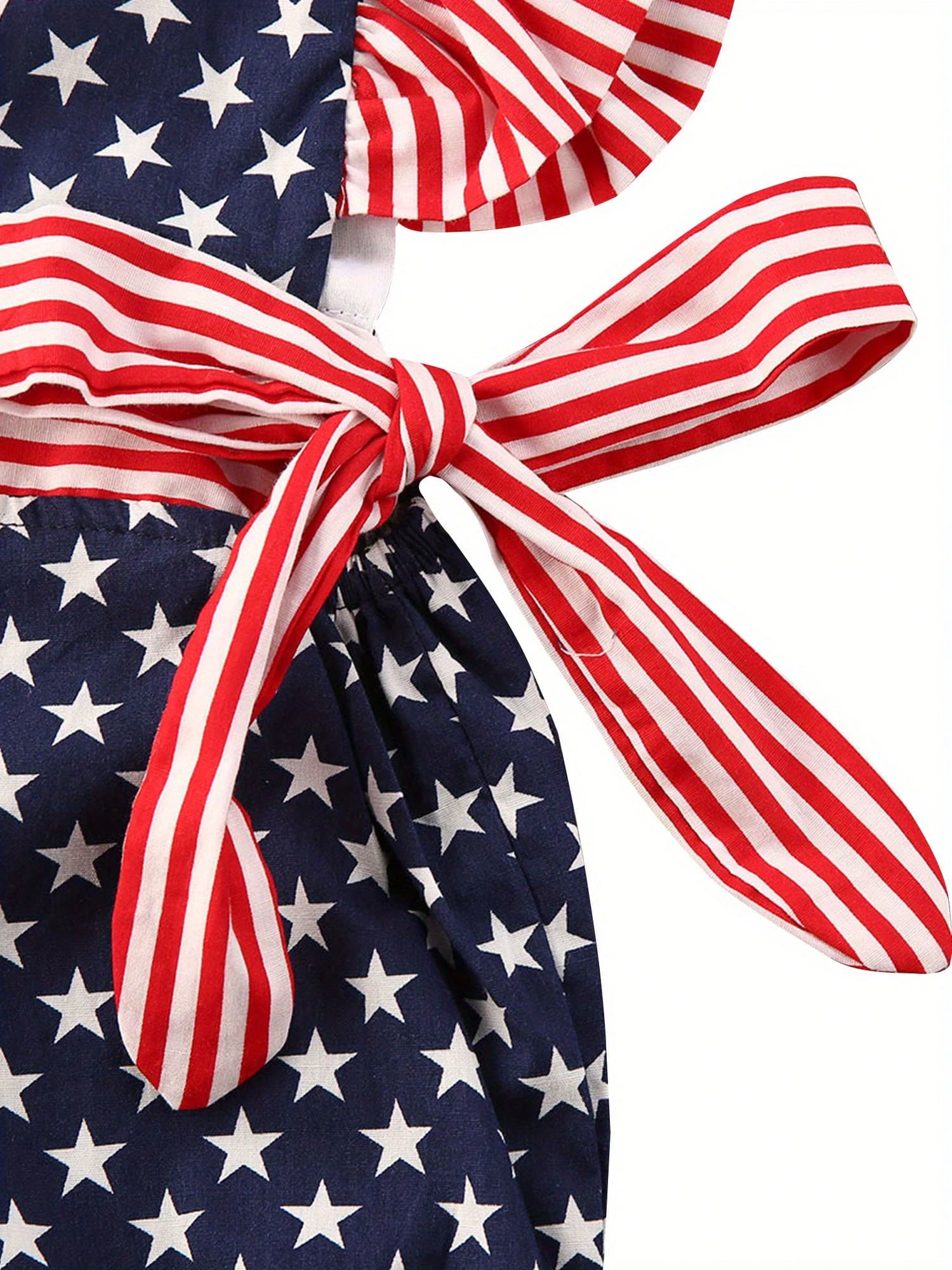 Newborn Baby Girl 4th Of July Outfits Stripe Star Printed Fly Sleeve Round Neck Jumpsuit Romper + Bowknot Headband 2Pcs Clothes Sets