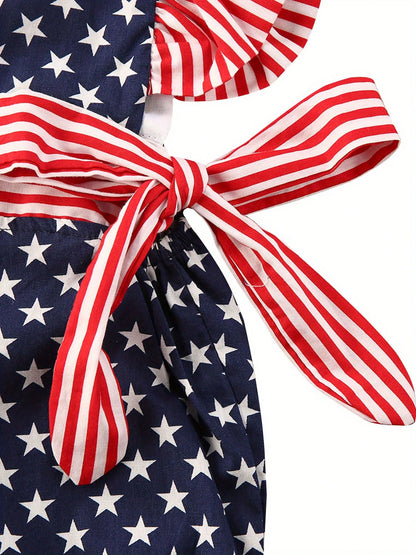 Newborn Baby Girl 4th Of July Outfits Stripe Star Printed Fly Sleeve Round Neck Jumpsuit Romper + Bowknot Headband 2Pcs Clothes Sets