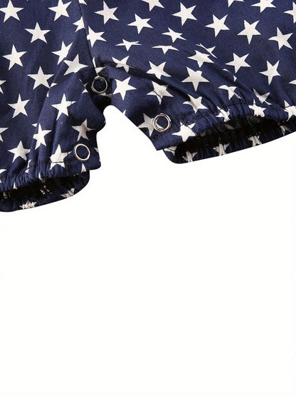 Newborn Baby Girl 4th Of July Outfits Stripe Star Printed Fly Sleeve Round Neck Jumpsuit Romper + Bowknot Headband 2Pcs Clothes Sets