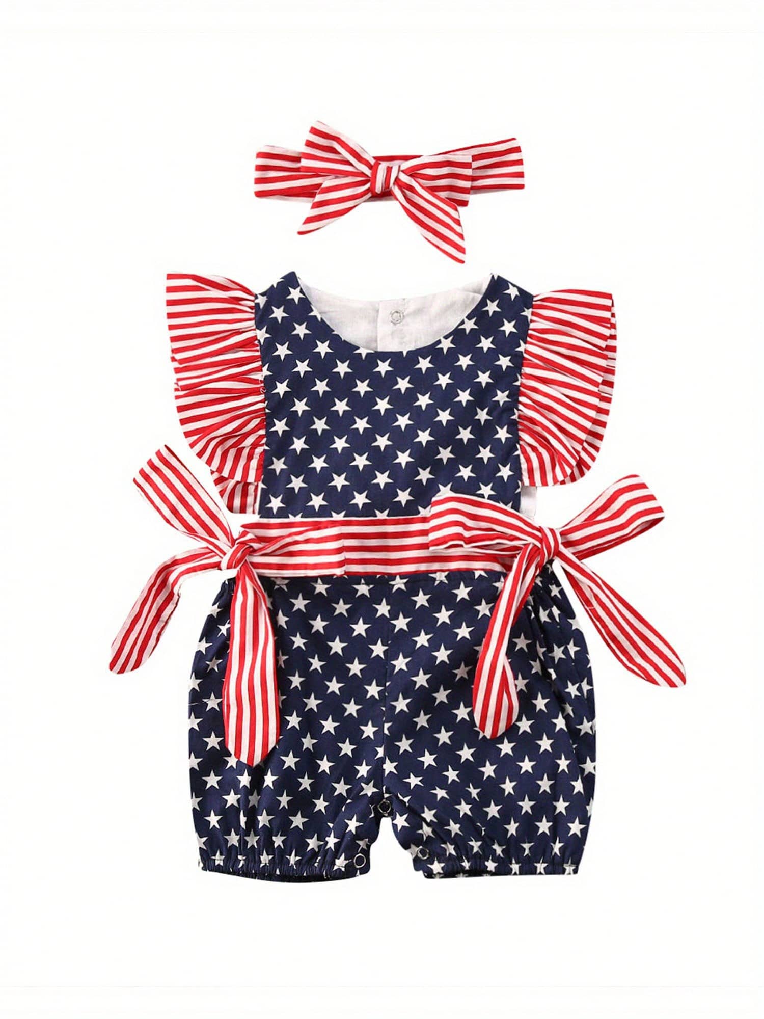 Newborn Baby Girl 4th Of July Outfits Stripe Star Printed Fly Sleeve Round Neck Jumpsuit Romper + Bowknot Headband 2Pcs Clothes Sets