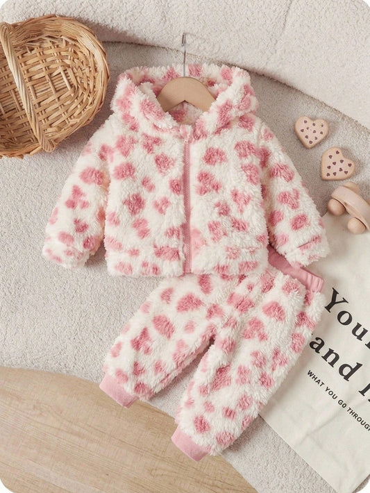 Newborn Baby Girl Autumn/Winter Cute Solid Color Fluffy Heart Pattern Hooded Jacket Coat Thick