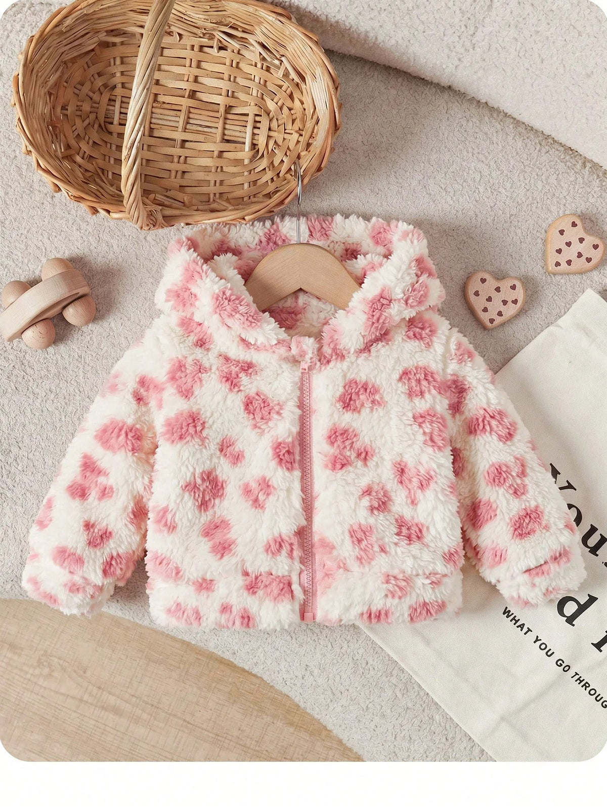 Newborn Baby Girl Autumn/Winter Cute Solid Color Fluffy Heart Pattern Hooded Jacket Coat Thick