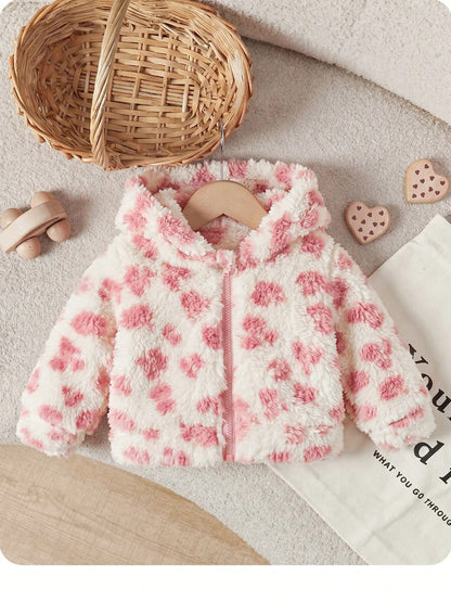 Newborn Baby Girl Autumn/Winter Cute Solid Color Fluffy Heart Pattern Hooded Jacket Coat Thick