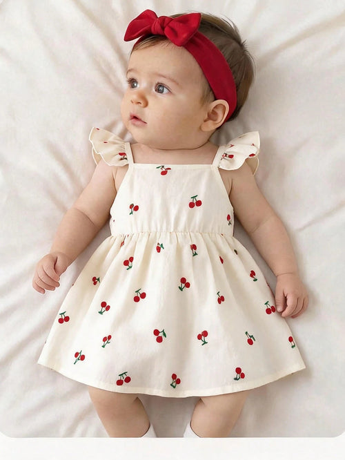 Newborn Baby Girl Casual Vacation Cute Cherry Flutter Sleeve Dress