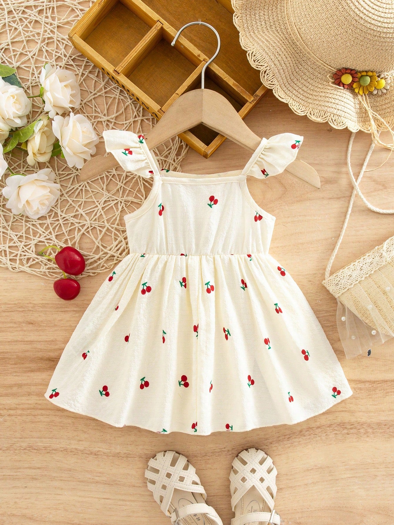 Newborn Baby Girl Casual Vacation Cute Cherry Flutter Sleeve Dress