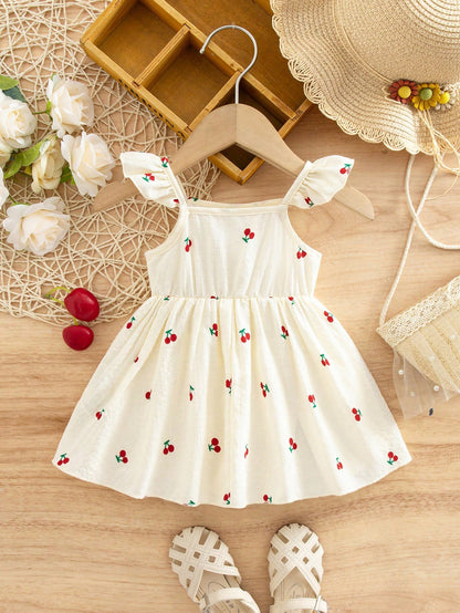 Newborn Baby Girl Casual Vacation Cute Cherry Flutter Sleeve Dress