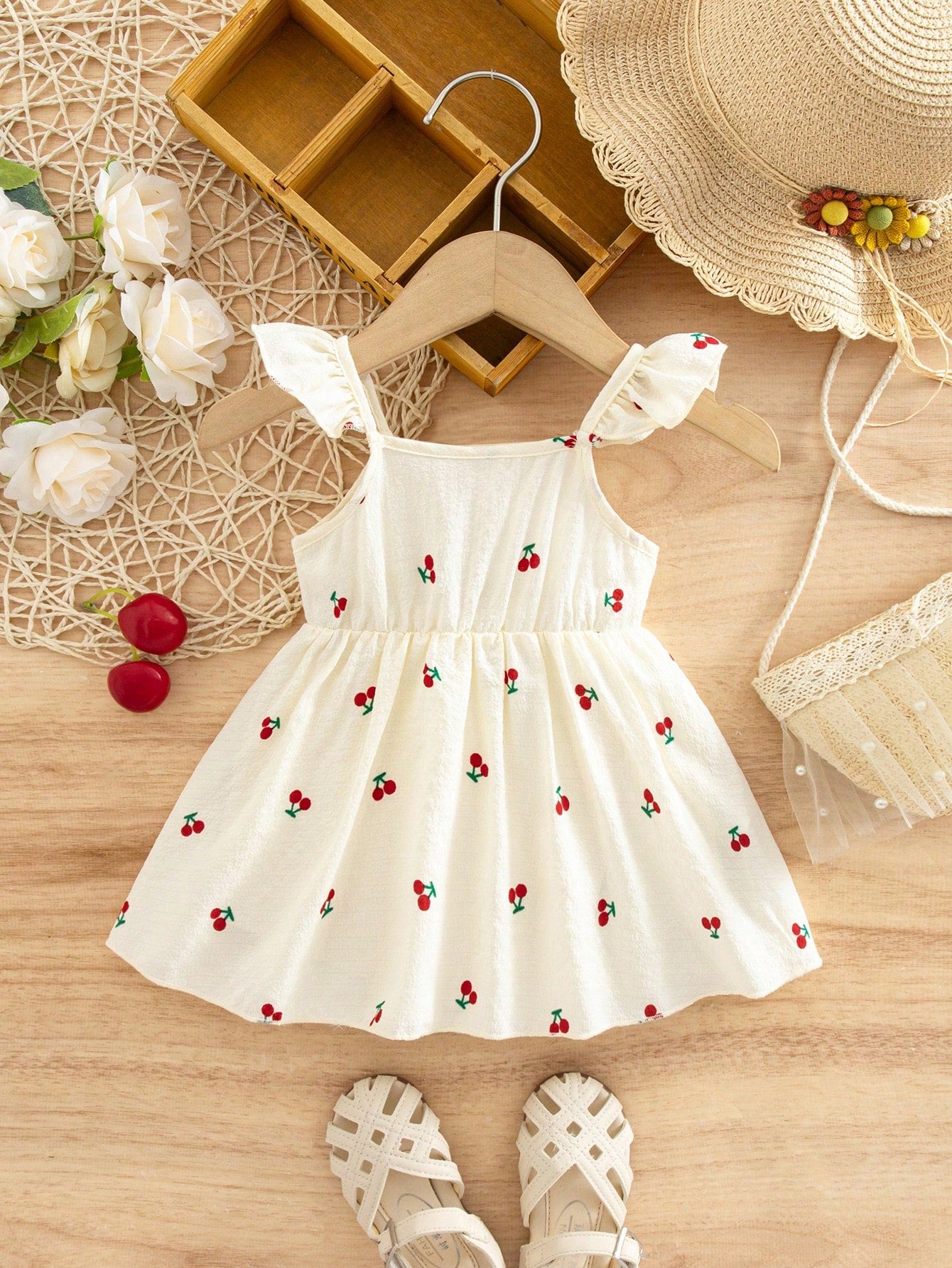 Newborn Baby Girl Casual Vacation Cute Cherry Flutter Sleeve Dress