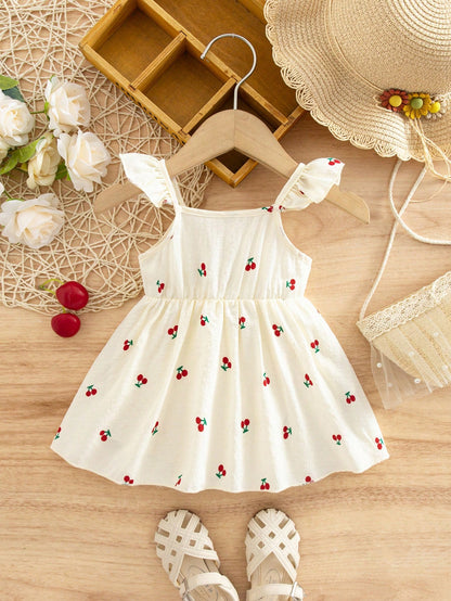 Newborn Baby Girl Casual Vacation Cute Cherry Flutter Sleeve Dress