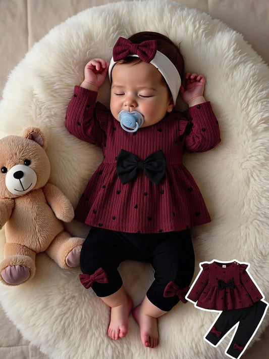 Newborn Baby Girl Cute Autumn Outfit Black Polka Dot Heart Print Puff Sleeve Knit Pullover Top Skinny Pants 2 Pieces Set Family Matching