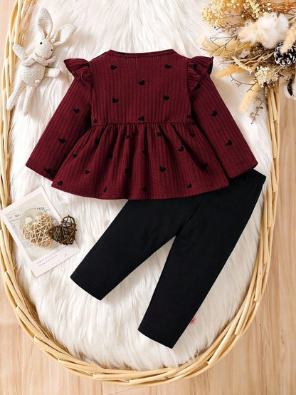 Newborn Baby Girl Cute Autumn Outfit Black Polka Dot Heart Print Puff Sleeve Knit Pullover Top Skinny Pants 2 Pieces Set Family Matching