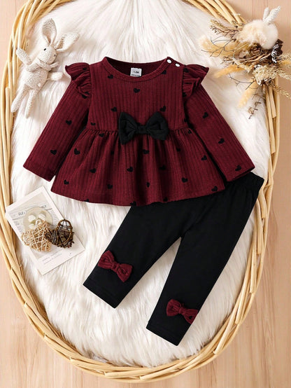 Newborn Baby Girl Cute Autumn Outfit Black Polka Dot Heart Print Puff Sleeve Knit Pullover Top Skinny Pants 2 Pieces Set Family Matching